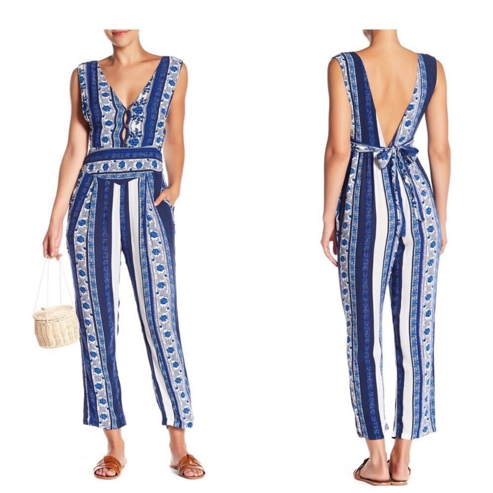 Free People All Shook Up Jumpsuit Floral Striped Print Sleeveless Blue Size 12